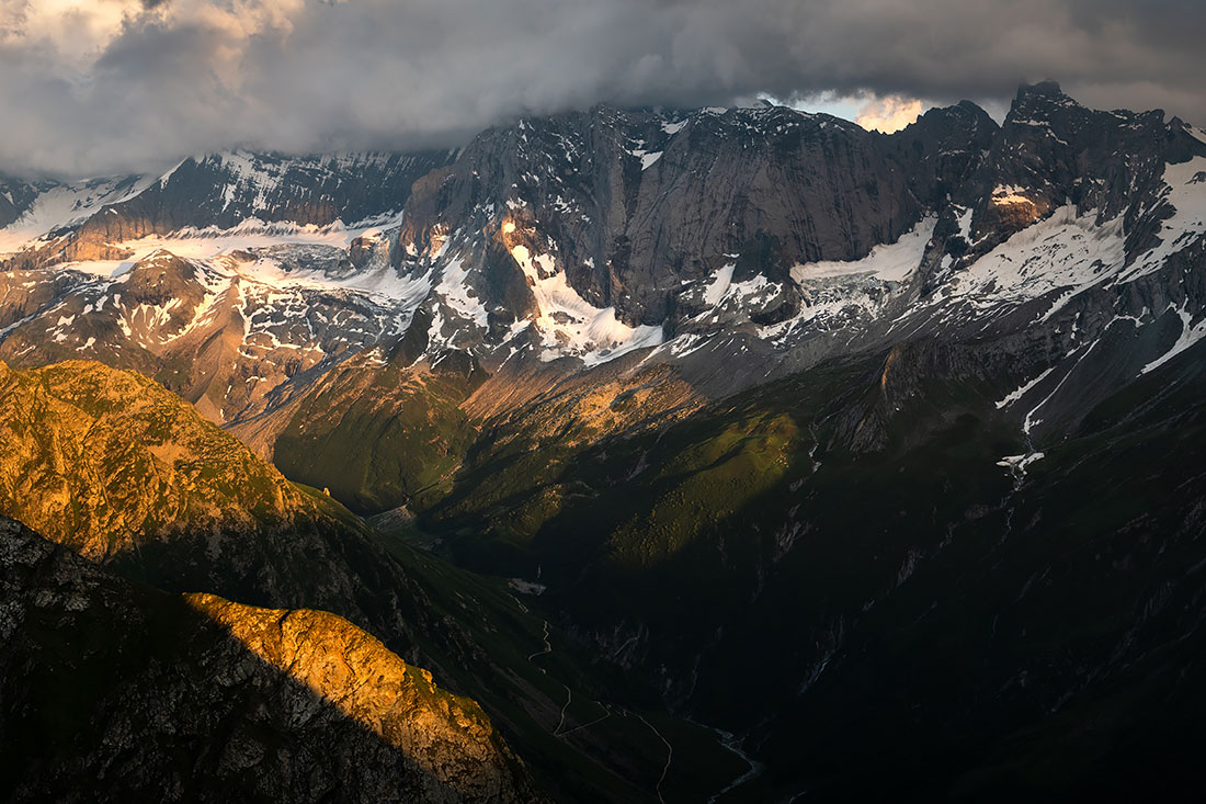Haute vallée de Champagny, en Vanoise, au coucher de soleil